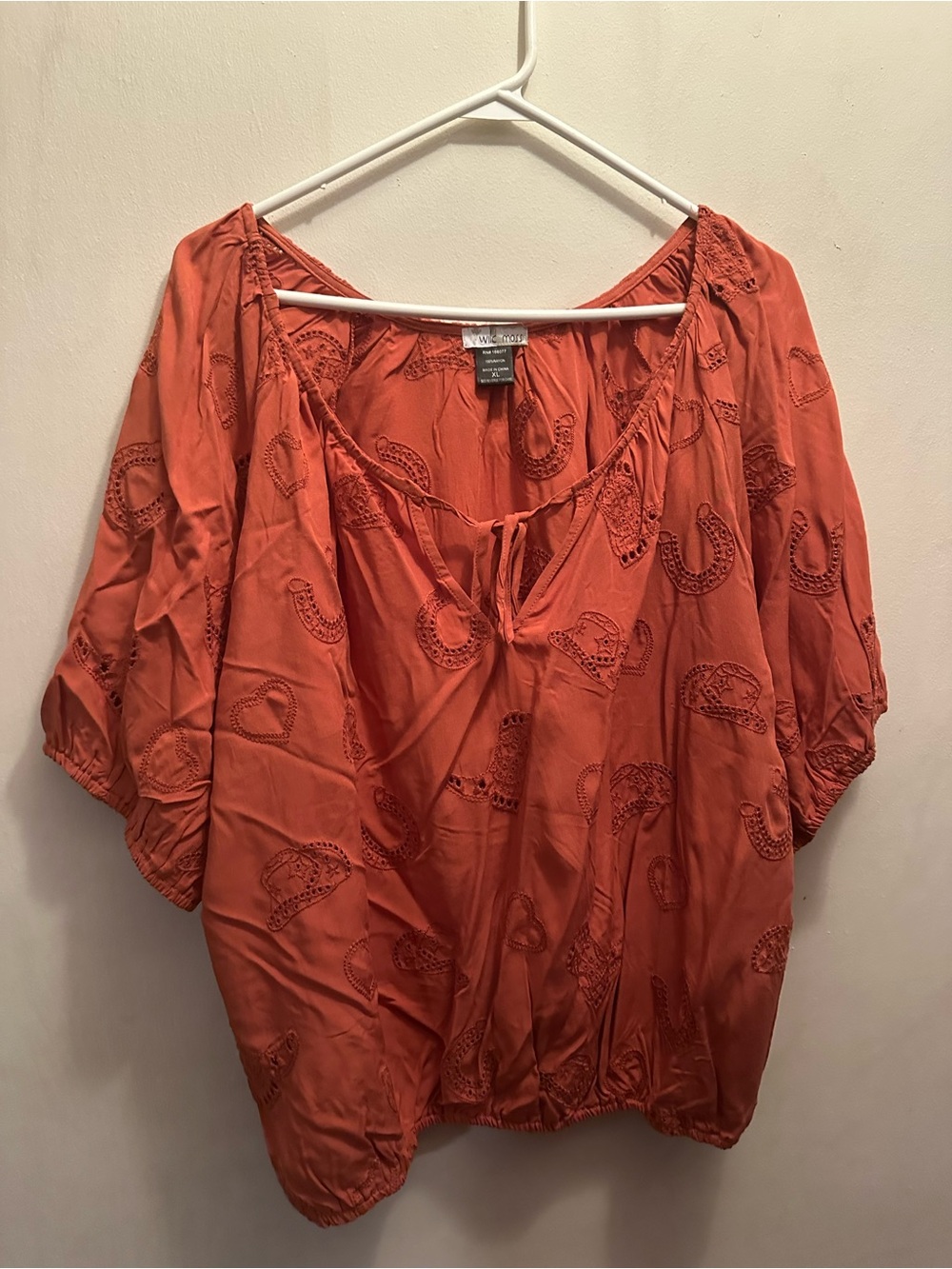 Westbound Rust Orange Peasant Top with Embroidered Eyelet